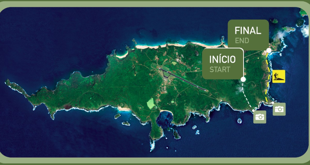 Mapa do percurso da trilha Atalaia Longa em Fernando de Noronha, com início e fim em pontos diferentes