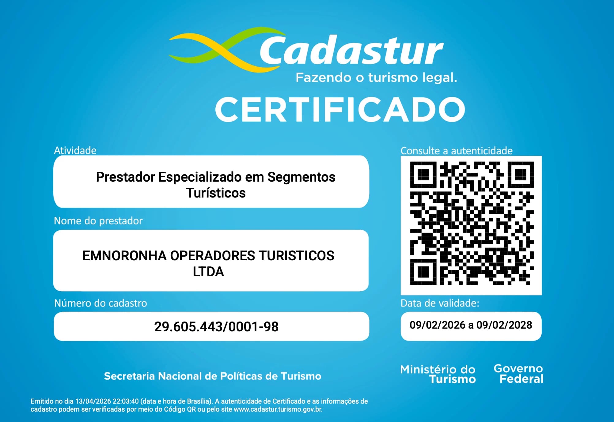 Certificado Cadastur da EmNoronha Operadores Turísticos Ltda