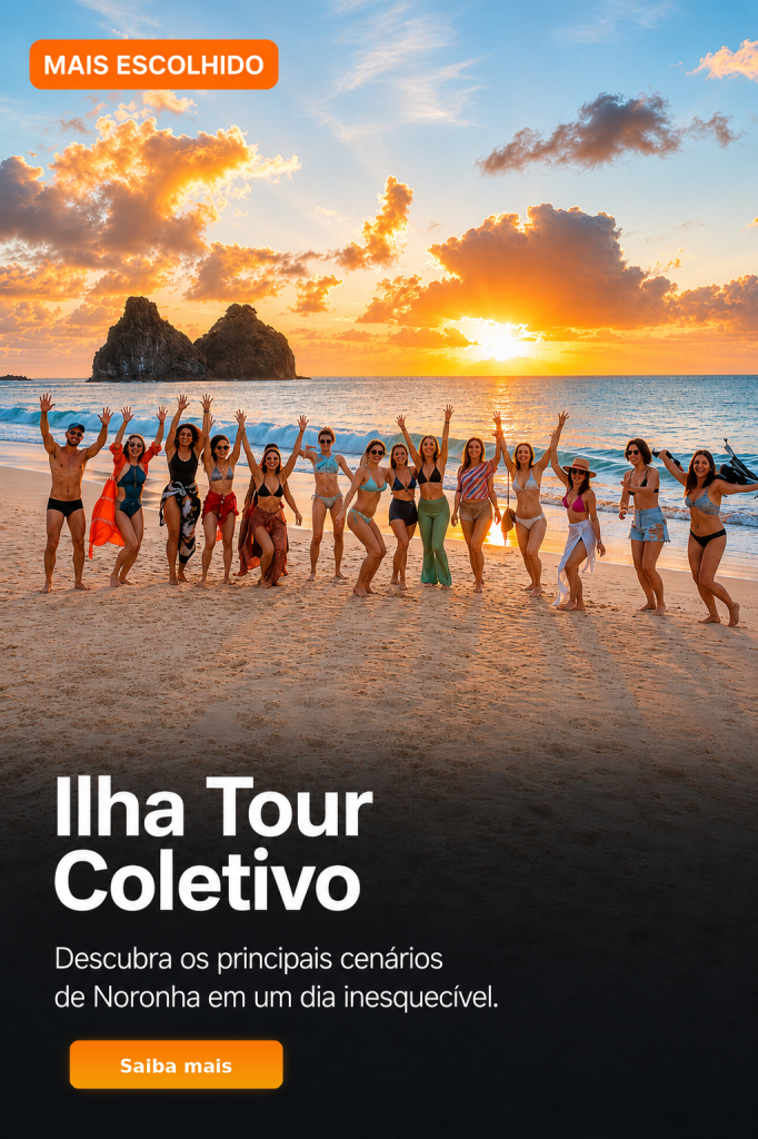 Grupo de turistas aproveitando o pôr do sol durante o passeio Ilha Tour Coletivo em Fernando de Noronha