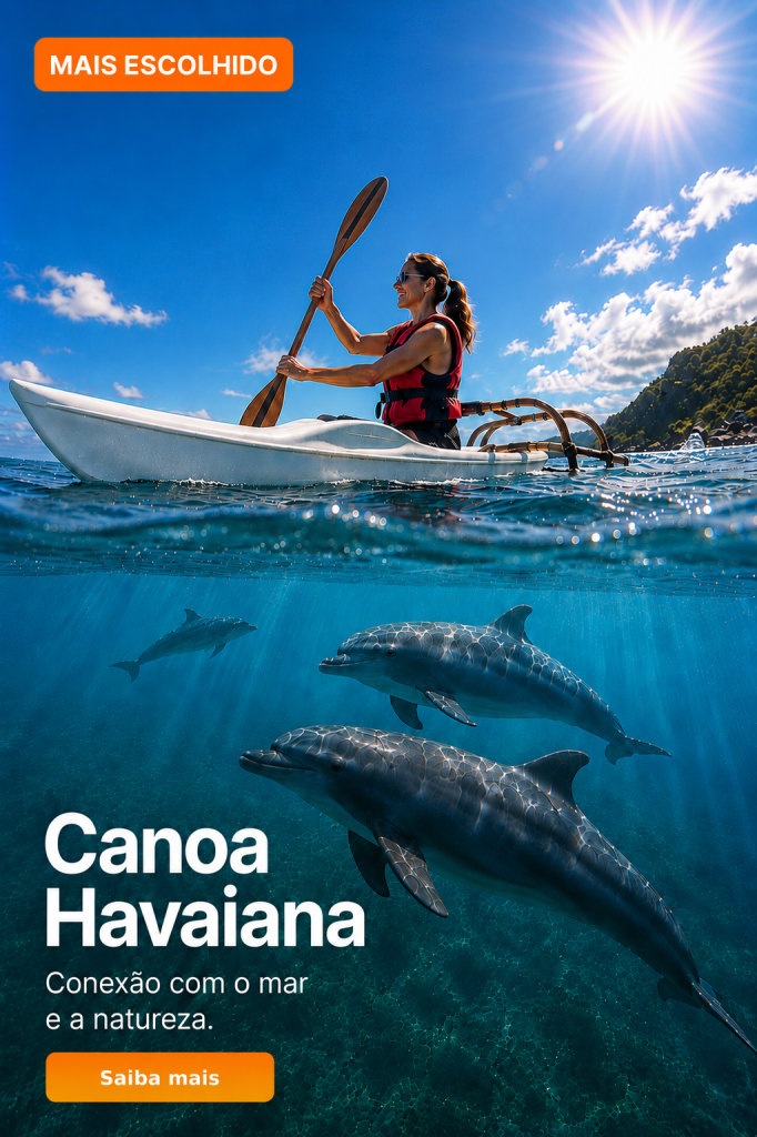 Passeio de canoa havaiana em Fernando de Noronha com golfinhos nas águas cristalinas